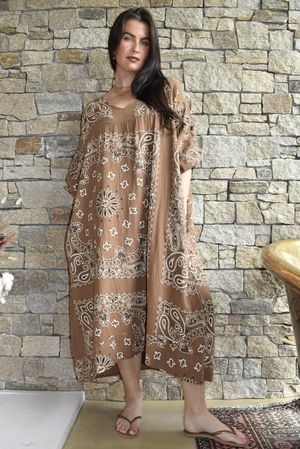 Kasbah Bubble Cotton Bandana Peasant Dress Hazelnut